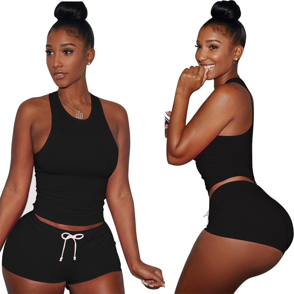 women Cotton Tracksuits designer Solid Simple Slim Vest Tops Drawstring Shorts Two Piece Set Casual Gym Jogging Outfits 9882