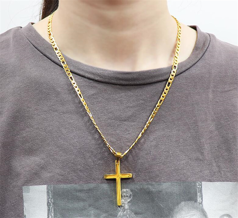 Real 10k Yellow Solid Fine Gold GF Jesus Cross Crucifix Charm Big Pendant Figaro Chain Necklace gold silver color