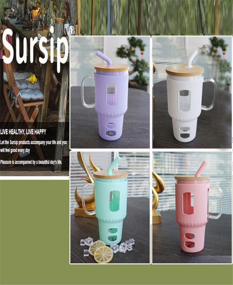 Tasse en verre avec couvercle et poignée en paille 32 oz verres bouteilles d'eau café verres à bière tasse transparente anti-déversement voiture tasses de voyage