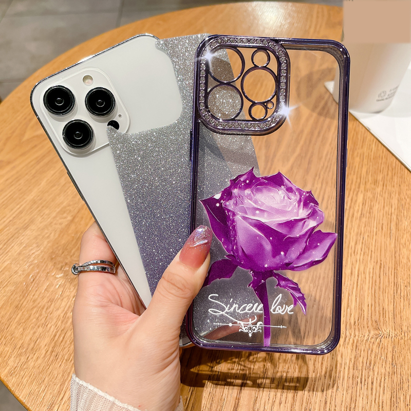 Flower Rose Bling Rhinestone Glitter Plating Case för iPhone 15 14 Plus Pro Max 13 12 11 Diamond Fashion Shinny Love Metallic Chromed Clear Soft TPU Fine Hole Cover