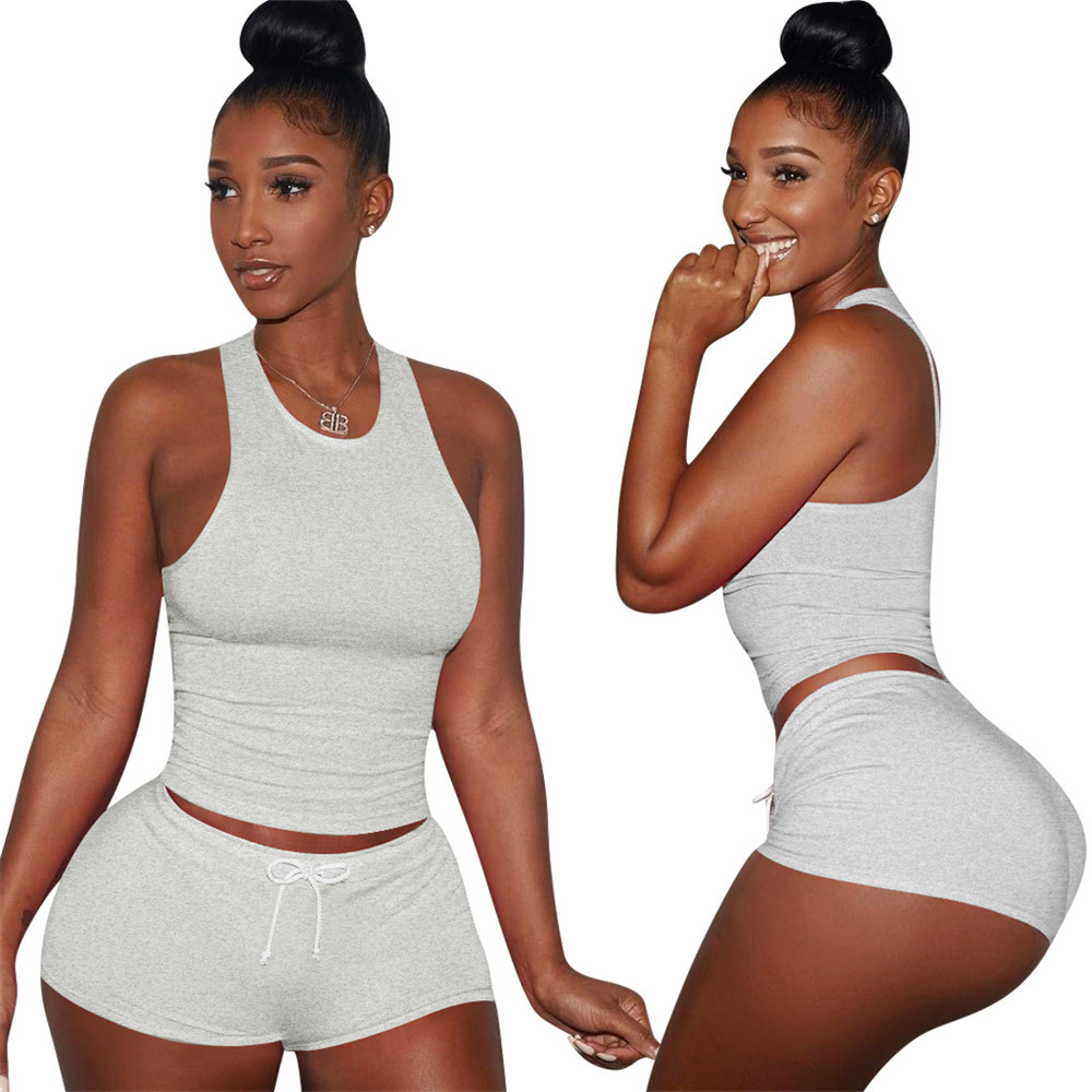 women Cotton Tracksuits designer Solid Simple Slim Vest Tops Drawstring Shorts Two Piece Set Casual Gym Jogging Outfits 9882