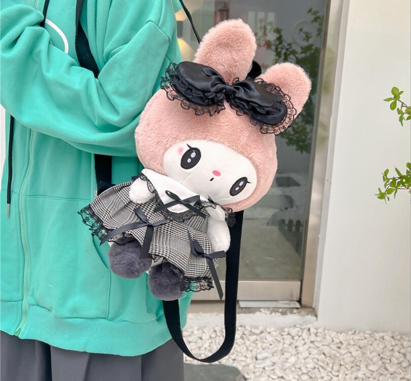 Zaino in peluche Kawaii nero Kuromi Borsa a tracolla doppia con cerniera morbida in peluche Borsa da scuola bambini Regalo di compleanno