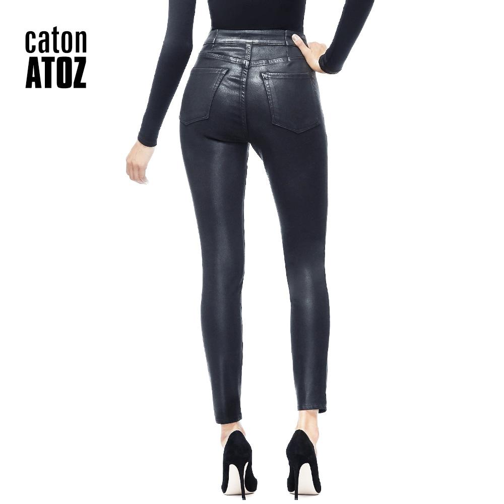 Jeans catonATOZ 2220 Damesmode Zwart Punk Motor Biker Lace UP Broek Stretch Slim Fit Plus Fluwelen Dikke Warme PU Lederen Broek