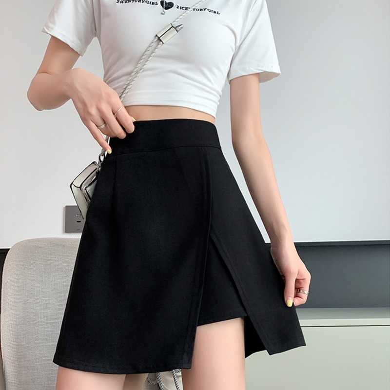 Office Lady Mini Suit Skirt with Inner Shorts Women High Waist A-Line Split Front Asymmetrical Zip Back Flared Hem Casual Skort P230519