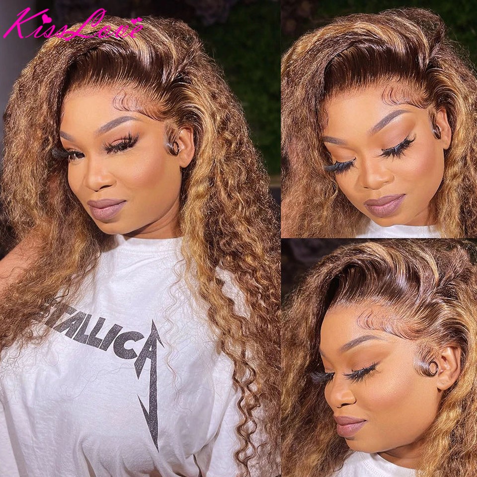 180 Densitet Deep Curly Spets Front Human Hair Wig P4/27 Highlight Spets Frontal Wig For Women Ombre Blonde Curly Synthetic peruker Förhindrade