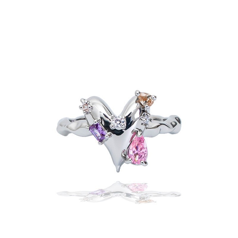 Pink Crystal Love Heart Open Ring för kvinnor BFF Bröllop Luxury Vintage Grunge Estetiska smycken Emo Y2K Tillbehör
