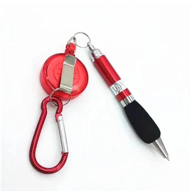 Party Favor Infällbart Badge Reel Ballpoint Pen Belt Clip Nyckelkedja med Carabiner Hook Portable Ball Pen Lanyard Pen