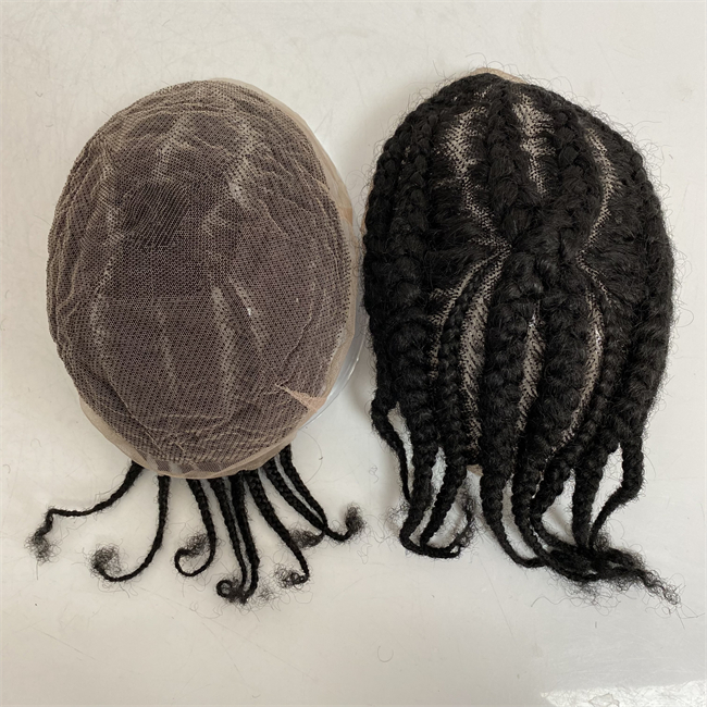 Indian Virgin Human Hair Systems No.8 Root Afro Braids #1B Black Full Lace Toupe para Blackman