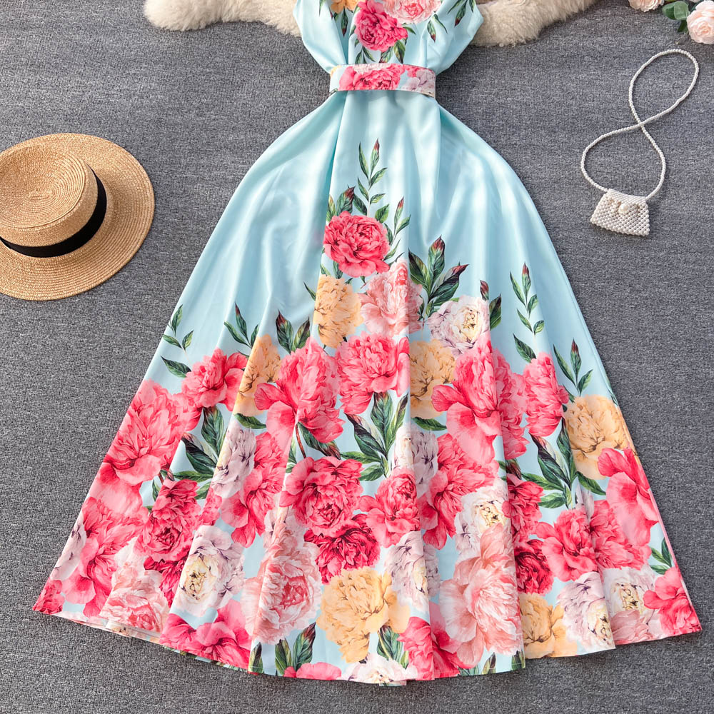 2023 Robes décontractées Summer Runway Fashion Volants Sans manches Floral Imprimer Maxi Robe Femmes Bow Cou Volant Manches Simple Boutonnage 305A