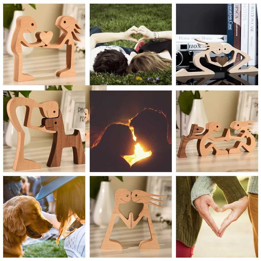 Novelty Items Home Decoration Wooden Couple Figurine Craft Table Ornament Family Mini Dog Pet Valentine's Day Gifts OEM Dropshippping Adornos G230520
