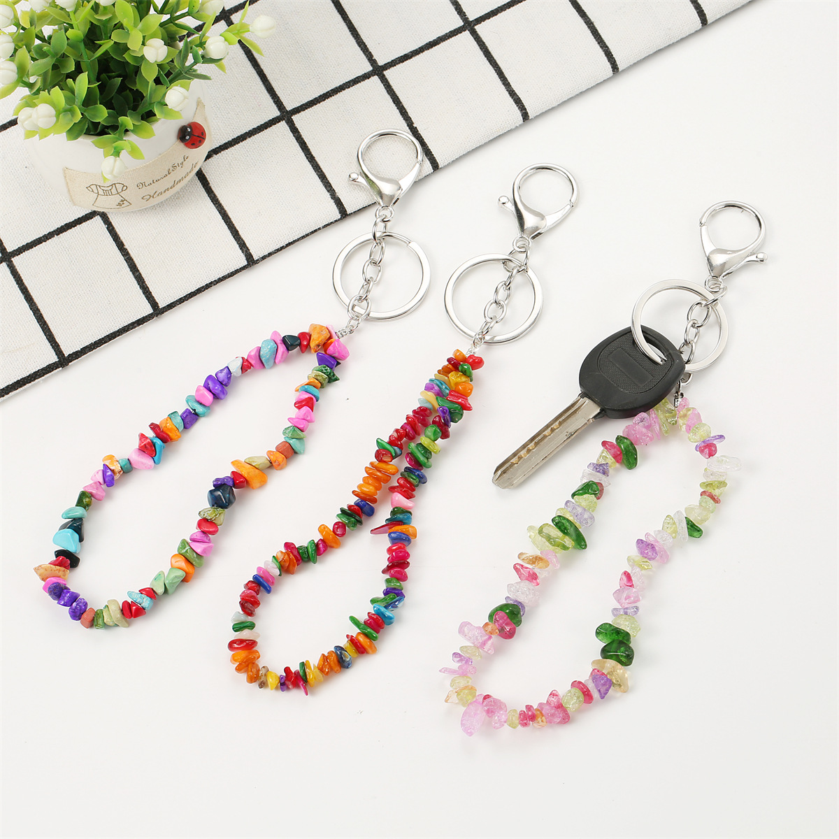 Portachiavi in pietra naturale di moda Chip Perline Pepite Fluorite Ametista Cristallo rosa Quarzo Portachiavi Borsa Car Hanging Charms