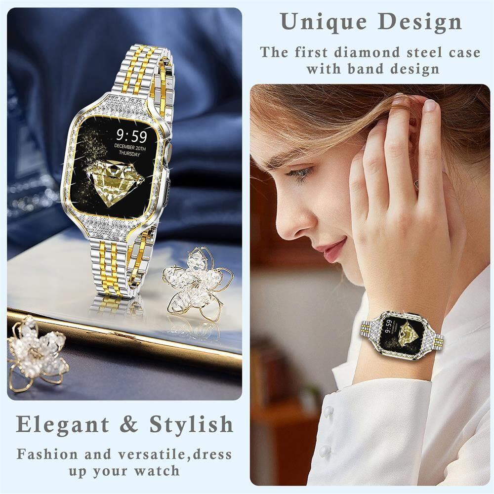 Bling En Acier Inoxydable Mod Kit Diamond Case Band Strap Pour Apple Watch Series 8 7 6 5 4 SE 40mm 41mm Femmes