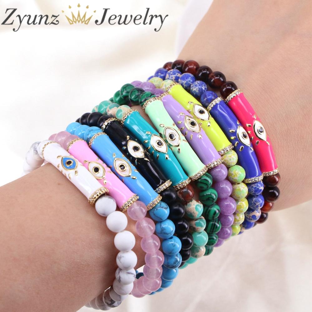 Bangle Pedra Natural Strand Pulseira 8mm Agats Howlite Quartz Stone Beads Curvo Bar Esmalte Olho Charme Frisado Pulseiras