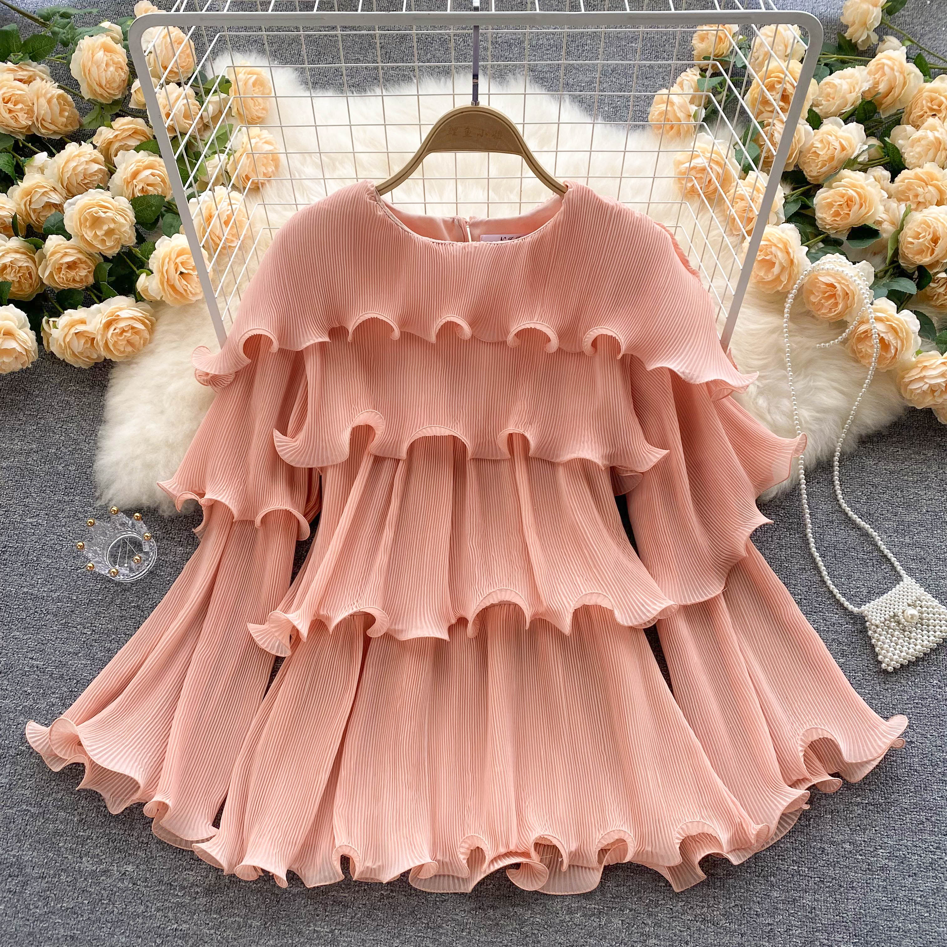 Autumn Women New Western Round Neck Ruffled Loose Pleated Chiffon Shirt Women Long Sleeve Solid Color Casual Blouse Tops Mujer 2023