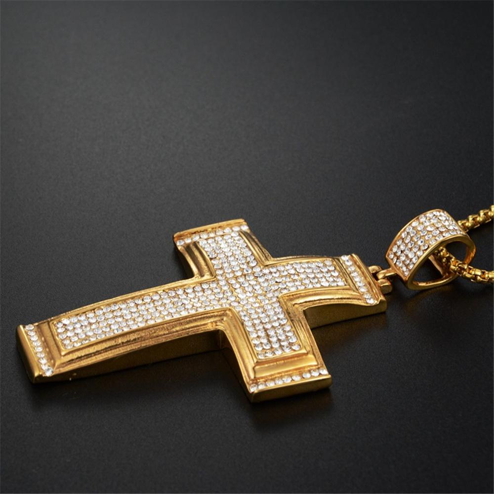 Halsband stora tvärhängen halsband manliga guld färg rostfritt stål mikro pave cz jesus cross halsband för män hip hop is ut smycken