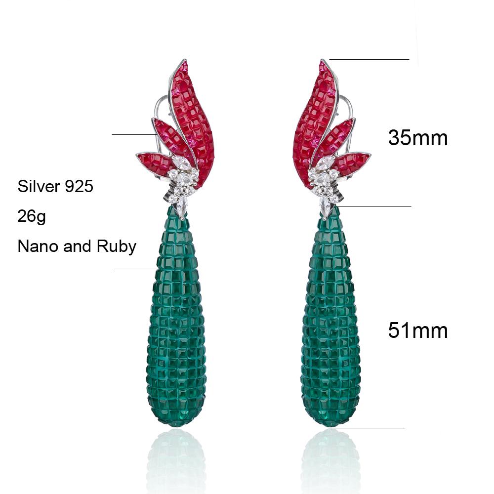 Earrings FFGems New Design 925 Silver Drop Big Earring Flower Created Nano Ruby Emerald Invisible Fine Jewelry Women Wedding Party Gift