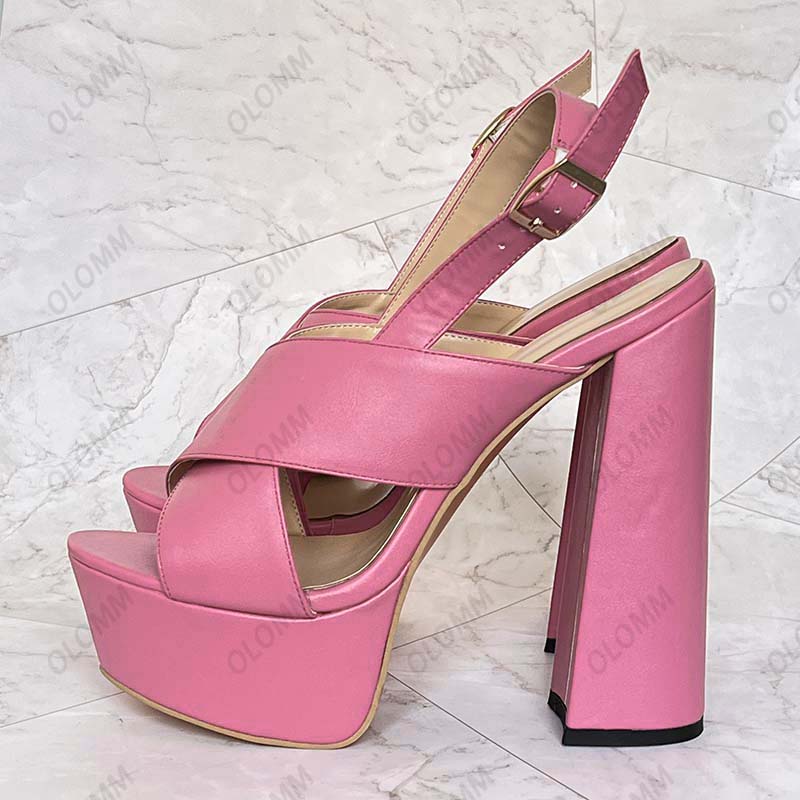 Olomm Sandali estivi da donna fatti a mano Tacchi spessi Punta aperta Splendida scarpe da festa fucsia Donna Taglia USA 35 43 44 45 46 47