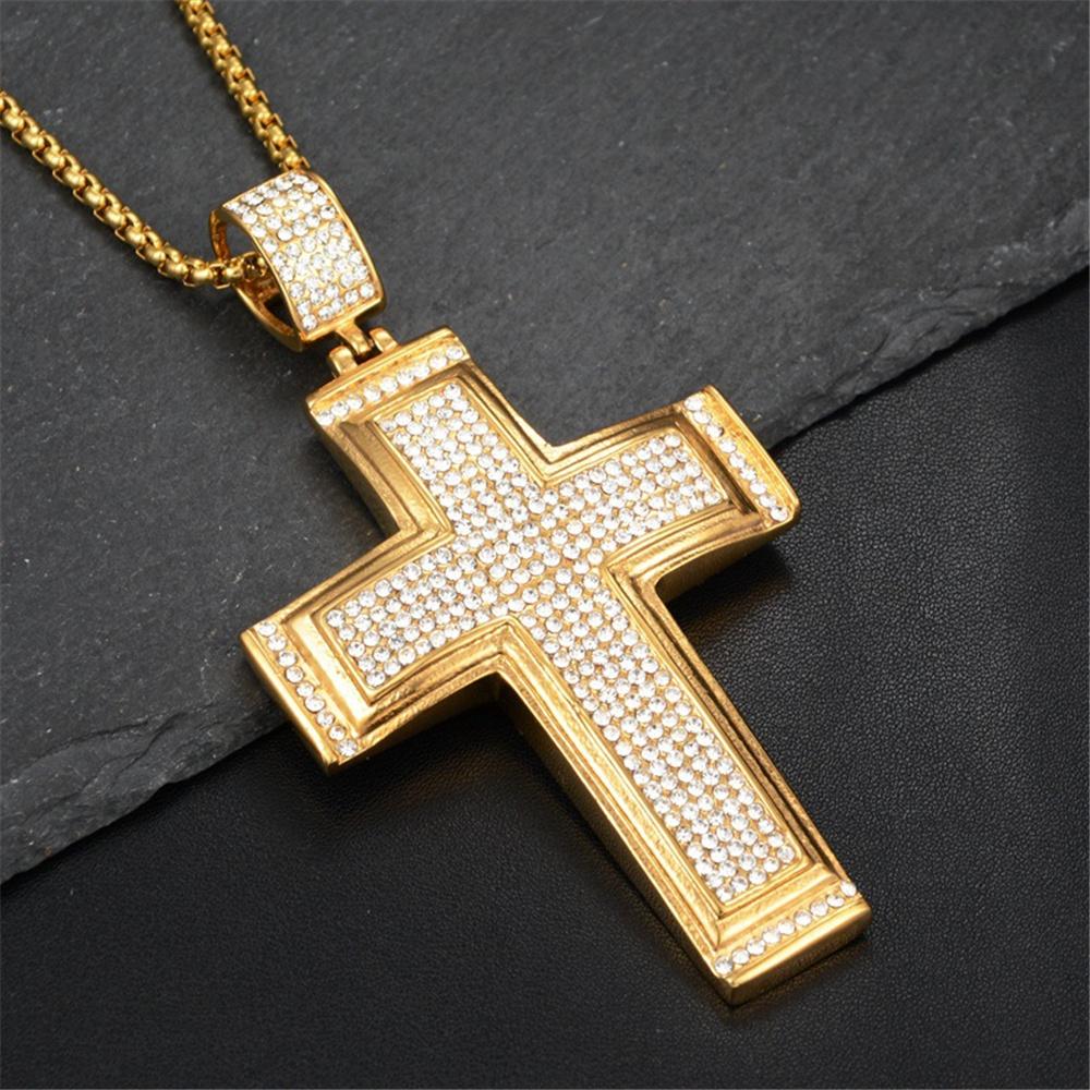 Halsband stora tvärhängen halsband manliga guld färg rostfritt stål mikro pave cz jesus cross halsband för män hip hop is ut smycken