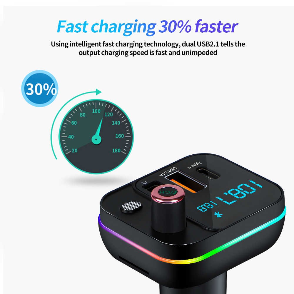 Новый новый Bluetooth 5.0 Car FM-передатчик Dual USB 3.1a+Type-C Car Charger Светодиодный дисплей Handsfree с микрофоном MP3 Music Player