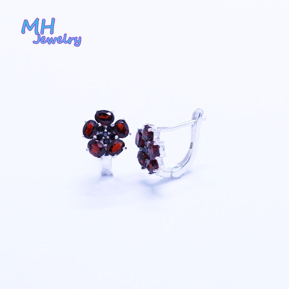 Back MH Natural Red Garent Flower Earring Sterling 925 Silver Oval 3*5 mm Fina smycken för kvinnor bär på kontoret varje dag MHE0042