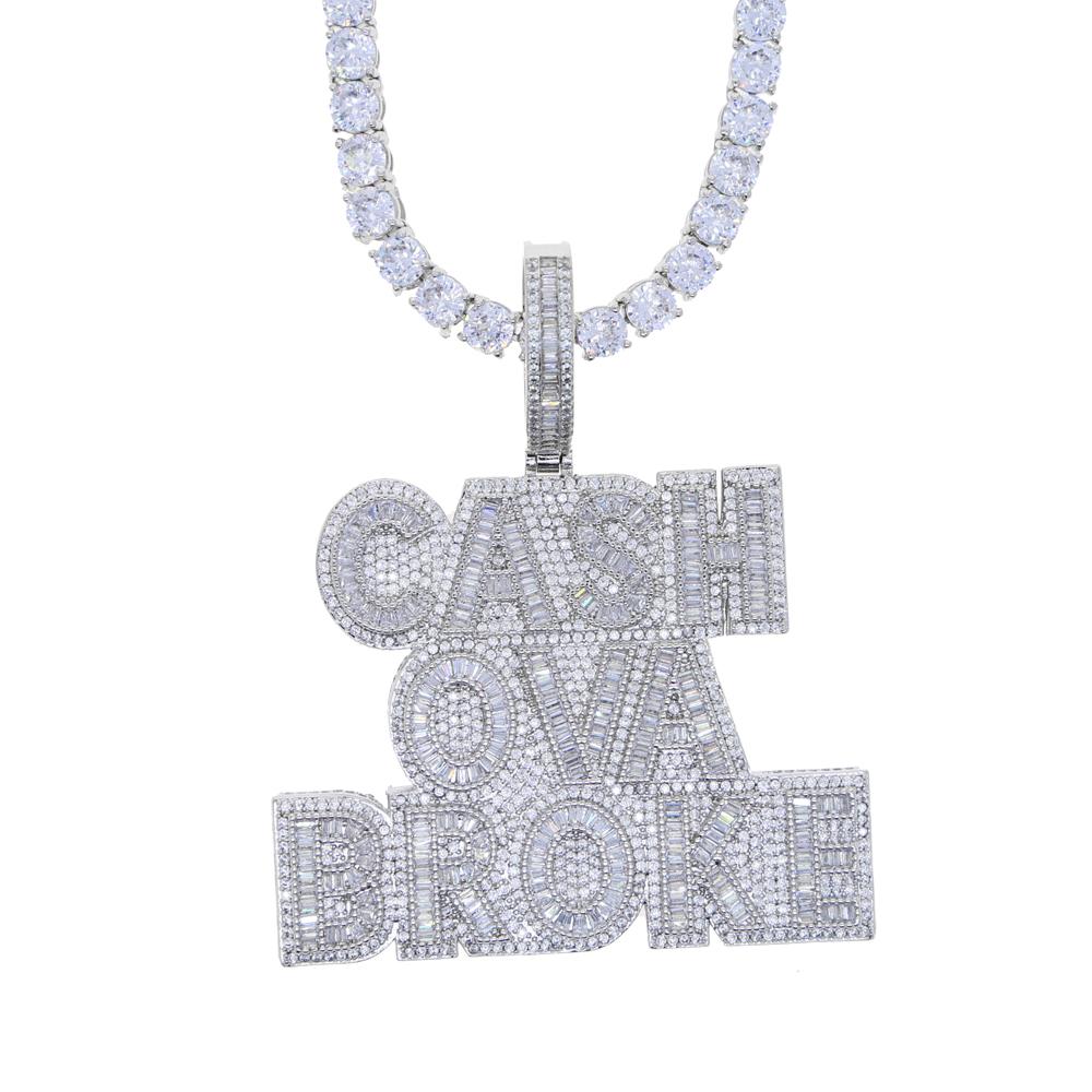 Necklaces New Cash Ova Broke Pendant Necklace Hiphop Rock Iced Out Bling 5A Zircon Silver Color Cz Tennis Chain Letter Charm Men Jewelry