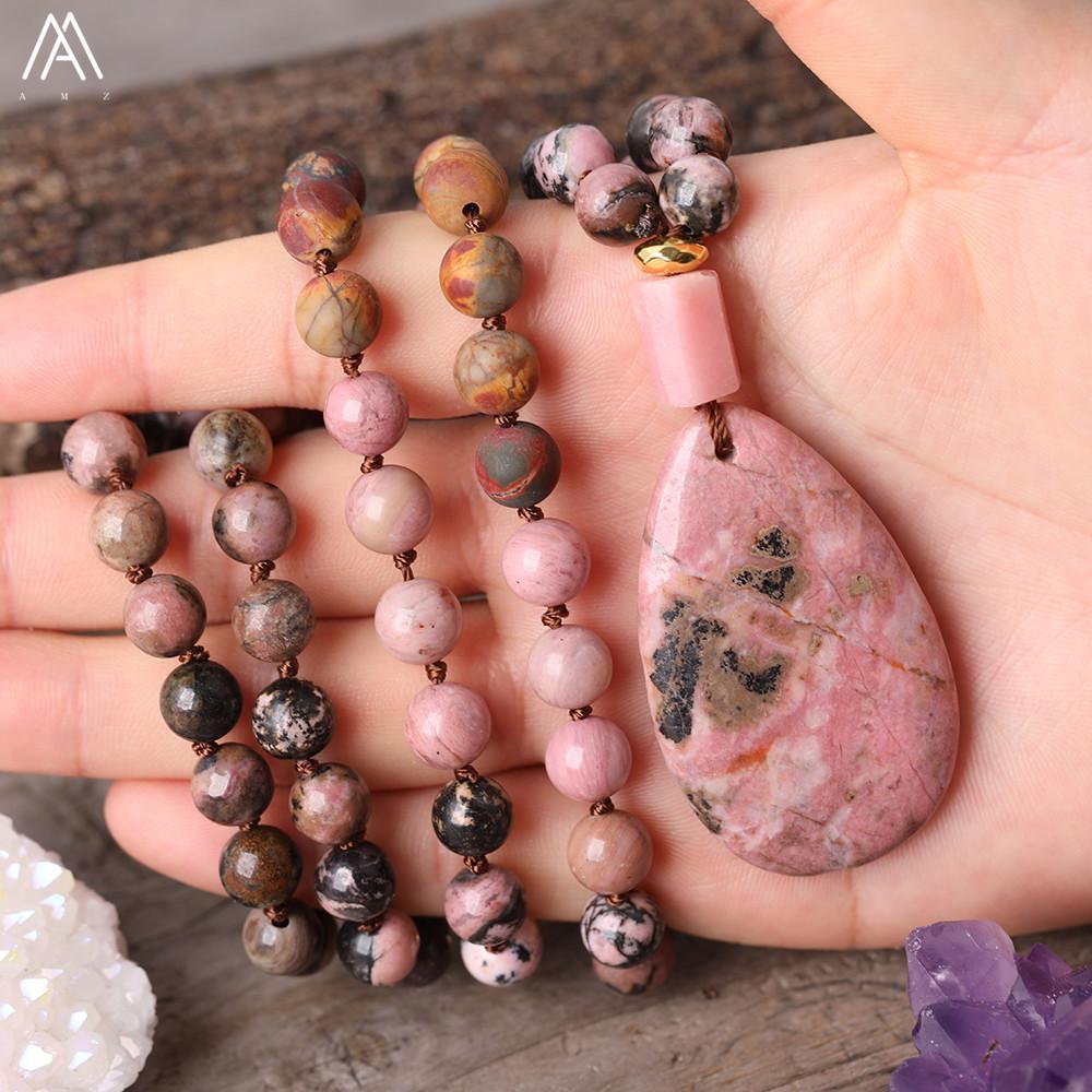 Necklaces Natural Rhodonite Water Drop Pink Opal Nugget Pendant 8mm Picasso Jaspers 108 Prayer Beads Knot Handmade Necklace Mala Jewelry