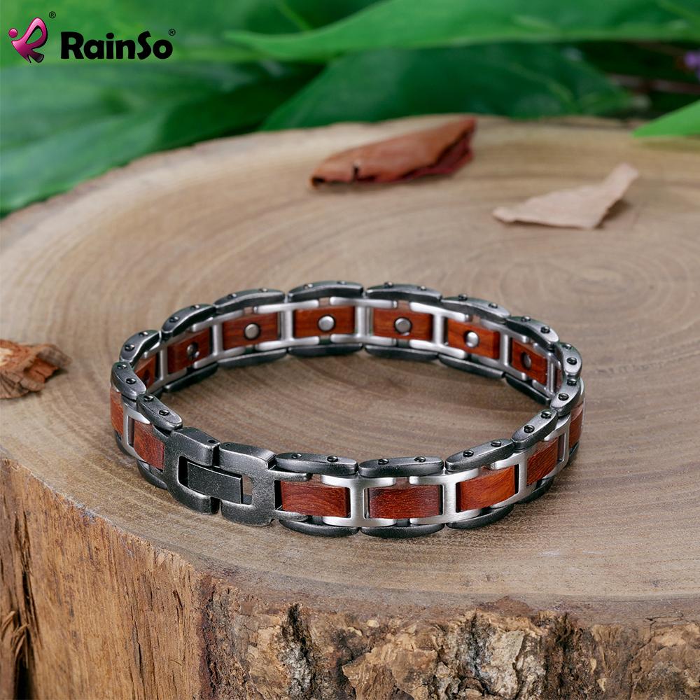 Braccialetti Rainso Bracciale rigido in acciaio inossidabile Homme uomo in legno Bracciale cura sana Bracciale magnetico Regali vichinghi uomo