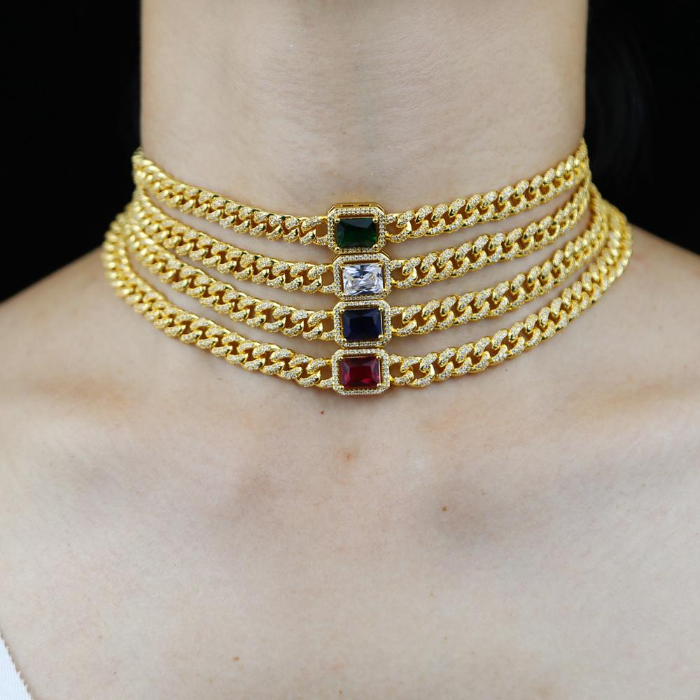 Halsband vitblå grön röd rektangel kubik zirkoniume 7mm cz kubansk länkkedja guld färg choker färgglad halsband