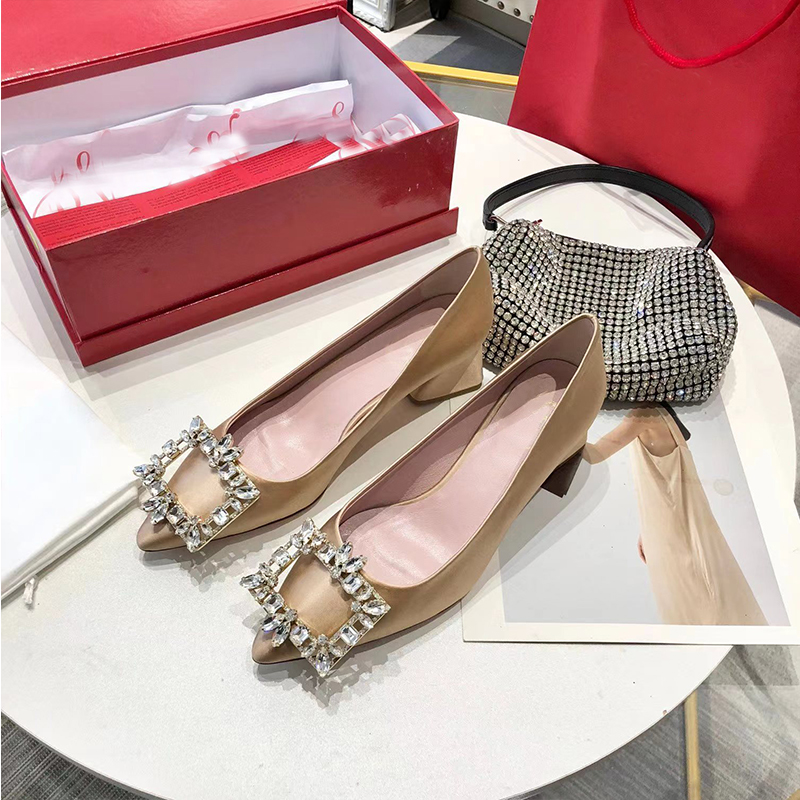 Designer Heel Height 5cm Leather shoes Summer luxury Silk Lysette chunky mid-heel Metal Frame party wedding flash women's shoes comfortable slim non-slip