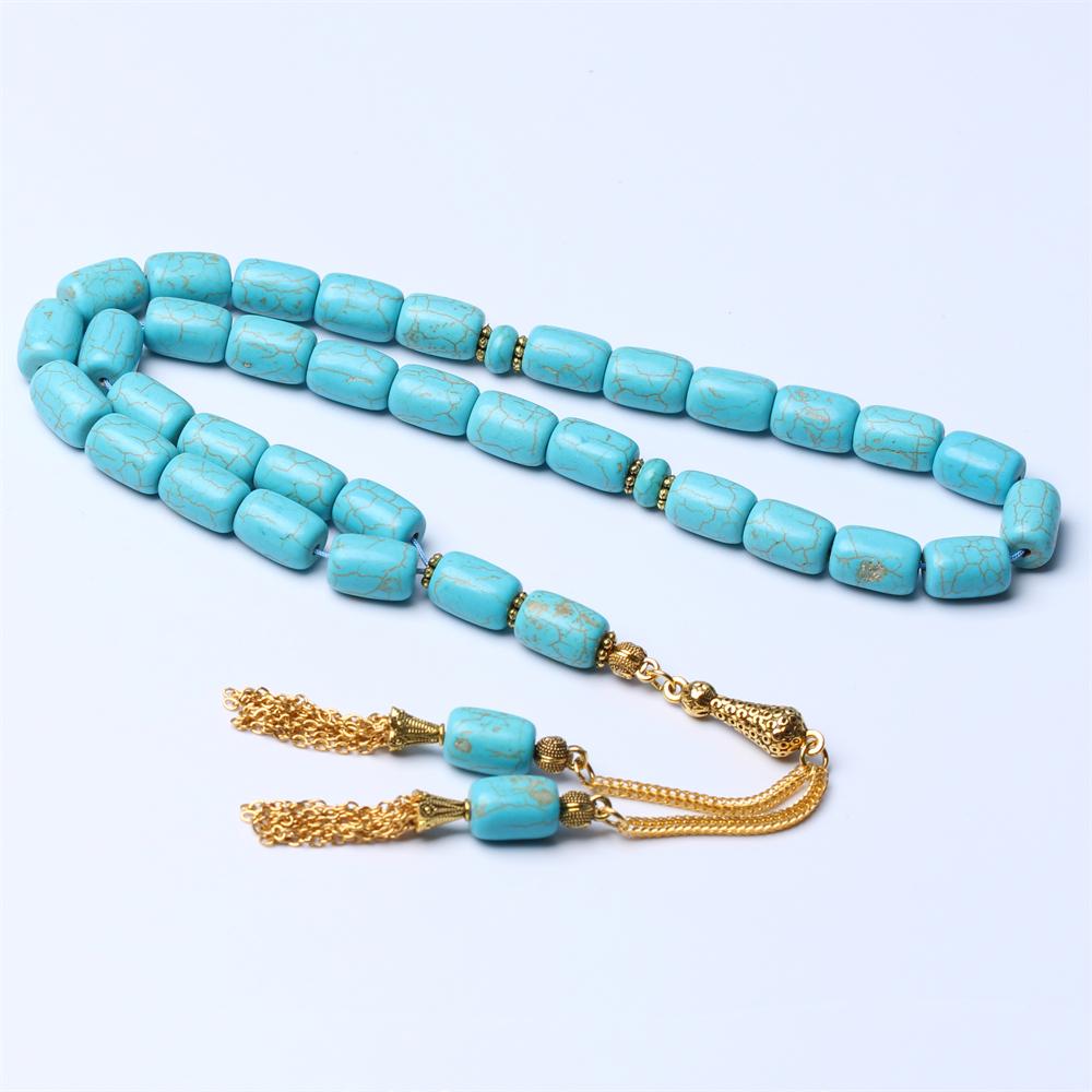 Clothing Tasbih Prayer Beads Sibha Blue Synthetic Turquoise Stone 33 Rosary Masbaha Muslim Tespih Islamic Gold Tassel