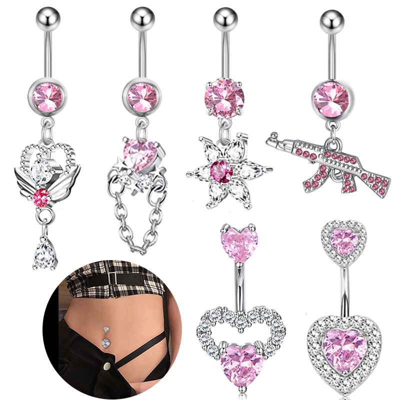 Navel Belly Button Rings Dingling Women Summer Pink Crystal Color Zircon Star Love Heart Gun Chain rostfritt stål Piercing Body Jewlery 2023 NYTT