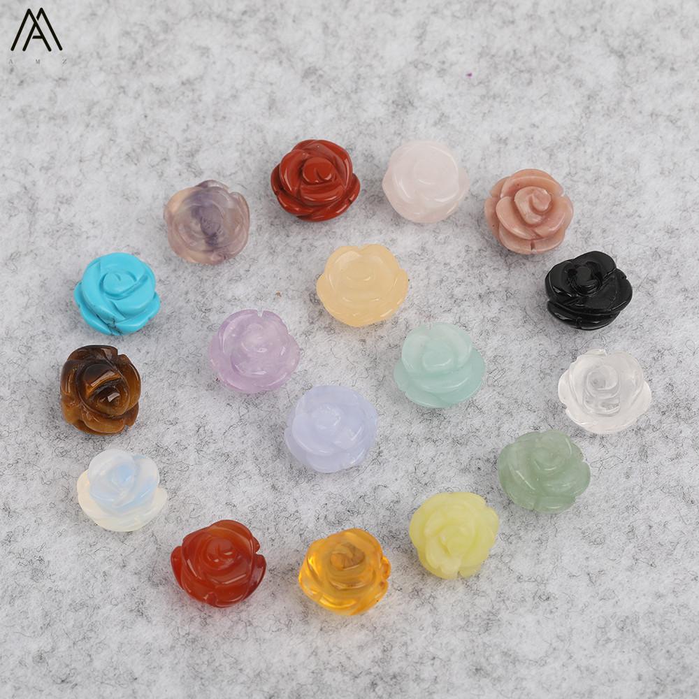 Crystal 15 unids/lote 10mm ágatas naturales lapislázuli piedra fluorita cristal de cuarzo tallado forma de flor de rosa cuentas para pendientes para fabricación de joyería DIY