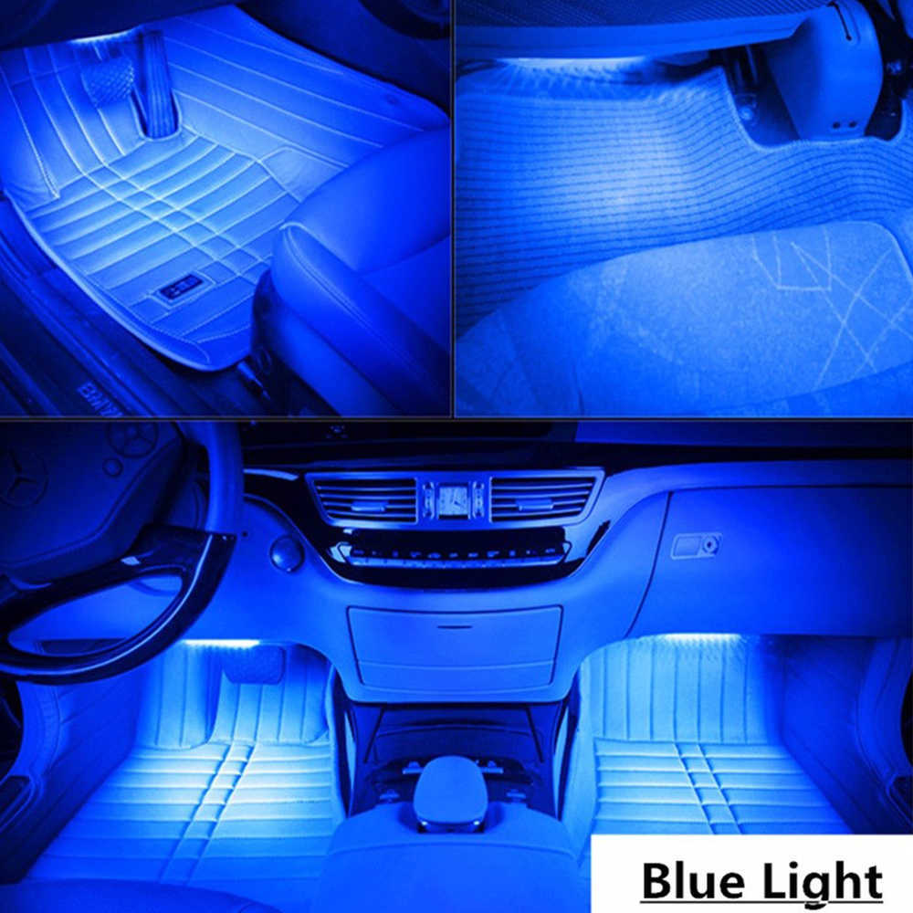 Barra de luz led para interior do carro, 4 em 1, retroiluminação ambiente, luz para os pés, isqueiro ou usb, lâmpada de atmosfera decorativa automática