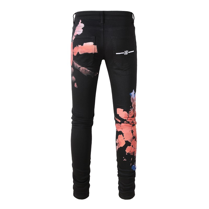 Casual men black straight washed graffiti pattern splashes ink amiryes elastic jeans