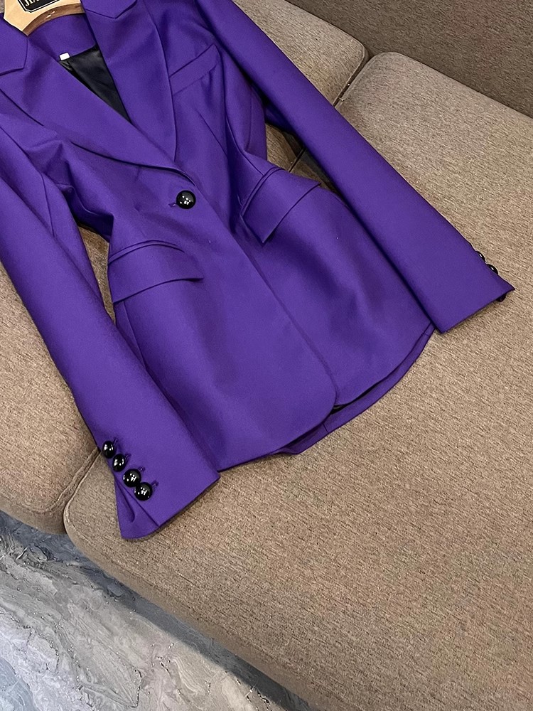 2023 Purple Solid Color Two Piece Pants Sets Long Sleeve Notched-Lapel Single-Button Blazers Top & High Waist Short Pants Suits Set O3W202603