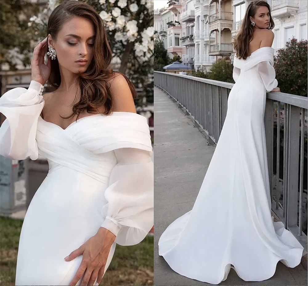 Satin Meerjungfrau Brautkleider 2023 Lange Fuff Sleeve Sexy Strand Braut Weg Von Der Schulter Boho Brautkleider Vestidos De Noiva