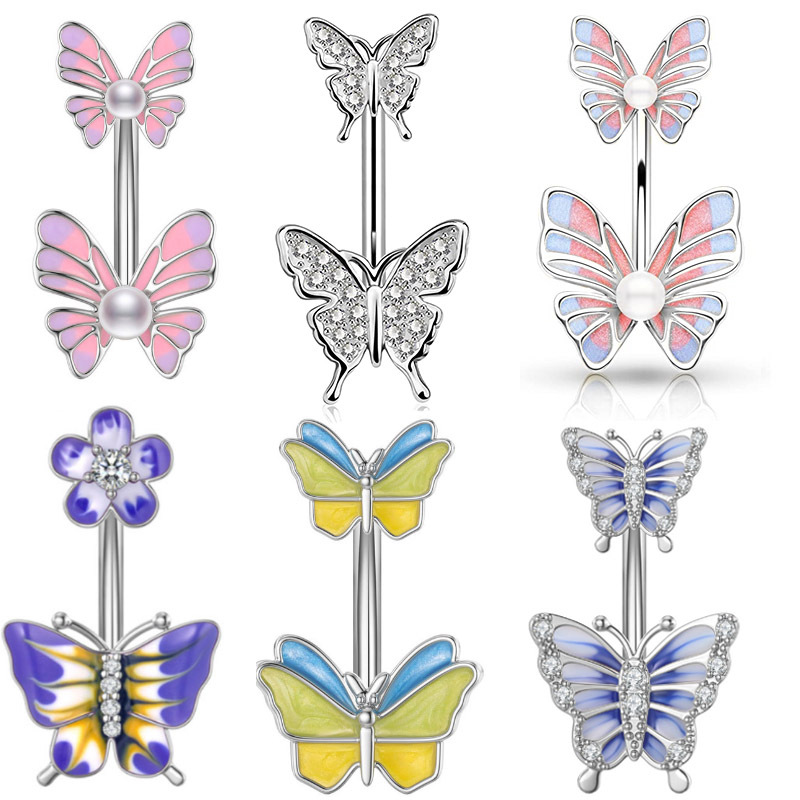 Obigo do umbigo toca as mulheres penduradas no verão Butterfly cristal em aço inoxidável corporal judeu 2023 Novo