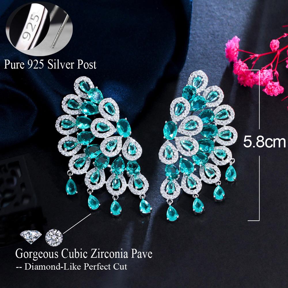 Knot Pera Espectacular Blue Cubic Zirconia Stor symmetriska blommor Form Tassel Dropörhängen Bröllopsmycken för brudar E923