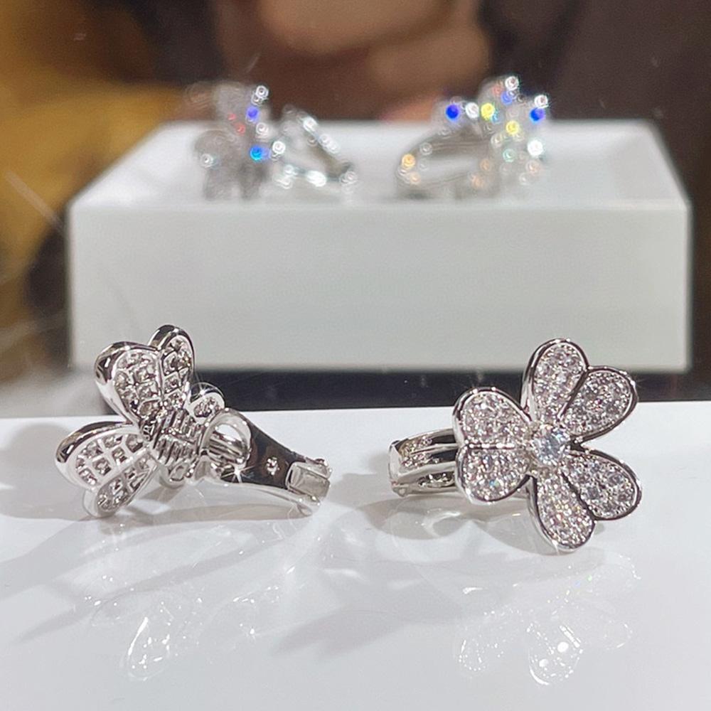 Stud Charme herausragende 925 Sterling Silber Clover Flower Stud Ohrringe Statement Klatschen Kristalle Luxusmarkenzubehör für Frauen