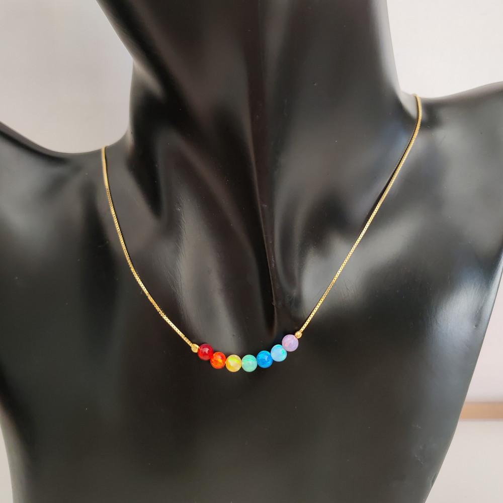 Bangles Fashion opal Rainbow 4mm Opal Bead necklace opal round ball/beads necklace with 925 silver Box chain