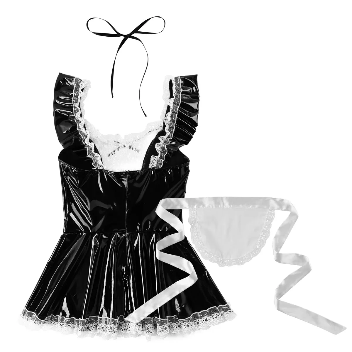 Mens Halloween Cosplay Costume Erotic French Maid Uniforms Male Sissy Roleplay Lace Trim Babydoll Mini Dress with Apron Neckwear300P