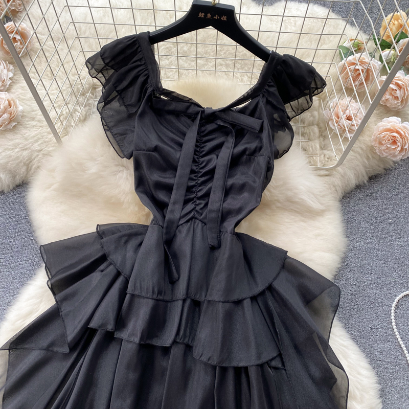 Casual Dresses French Short Flying Sleeve A-line Short Dress Women Summer New Fashion Square Neck Mesh Pleated Lace-up Waist Thin Vestidos 2023