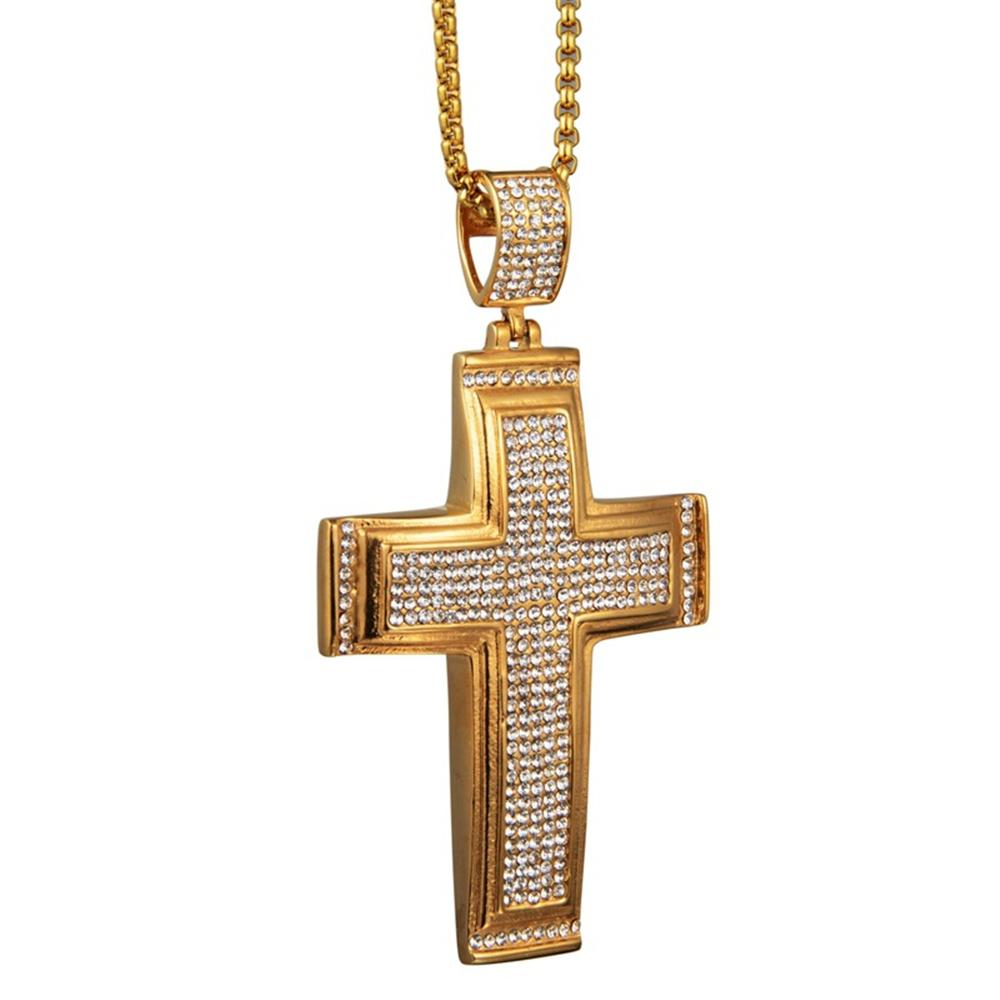 Halsband stora tvärhängen halsband manliga guld färg rostfritt stål mikro pave cz jesus cross halsband för män hip hop is ut smycken