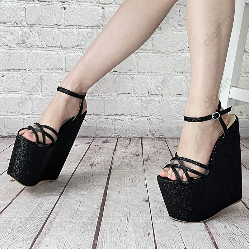 Olomm Handmased Women Platform Sandaler Glitter Ultra High Wedges Heels Open Toe Pretty Black Night Club Shoes Ladies Storlek 4-14