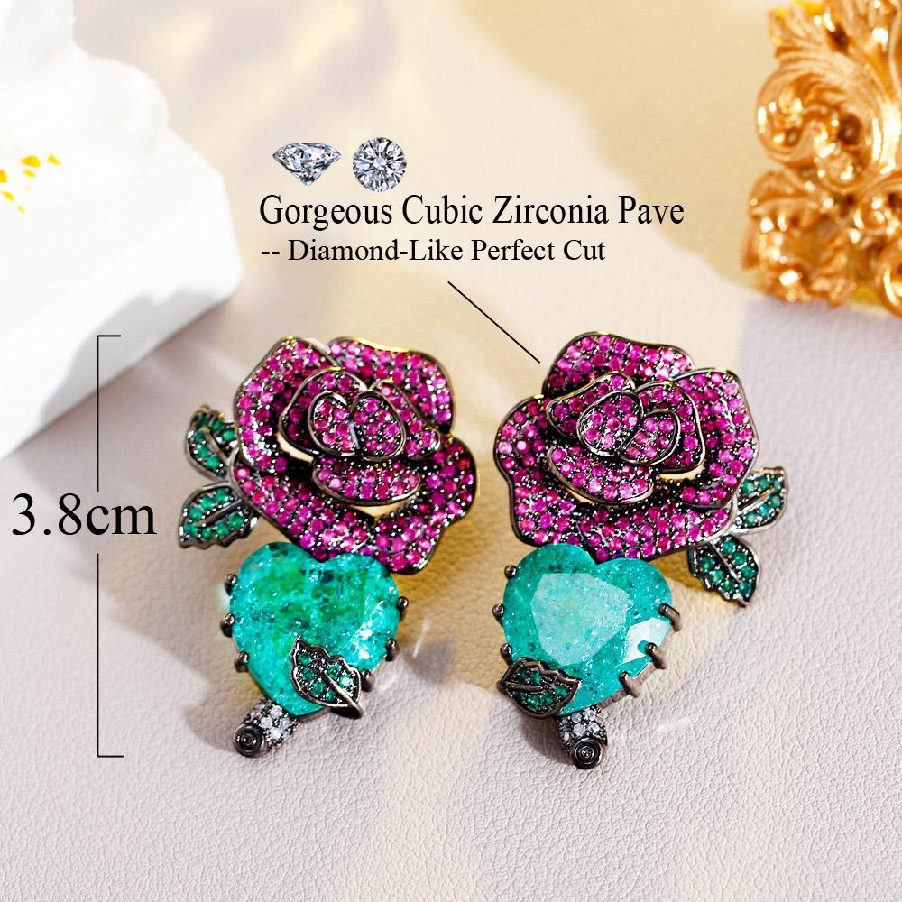 Pendientes CWWZircons Popular Creativo Rosa Rojo Cubic Zirconia Gran Flor Amor Corazón Gota Cuelga Compromiso Desfile Pendiente para Mujer CZ431