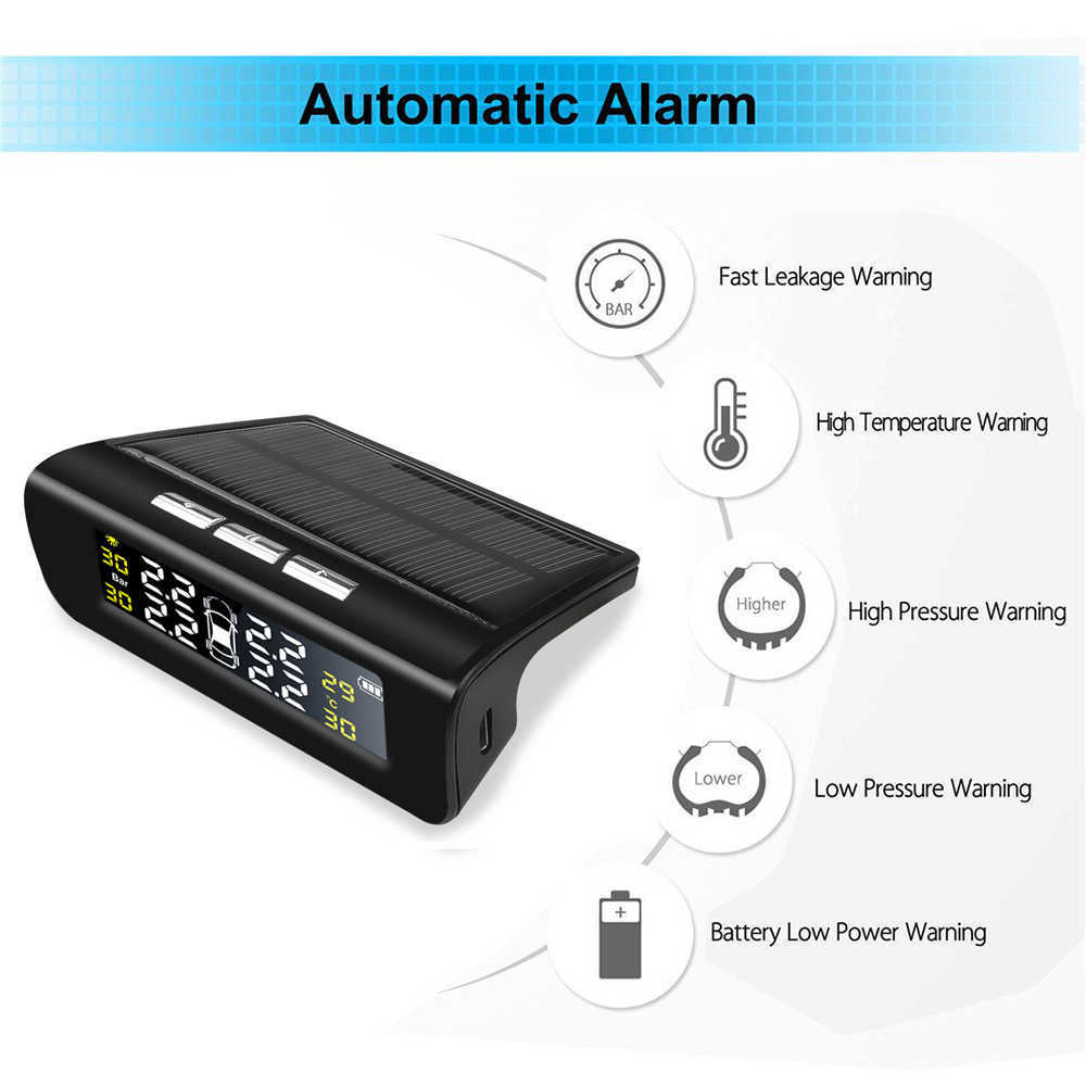 New Smart Car TPMS Tire Pressure Monitoring System Solar Power Digital TMPS LCD Display USB Auto Security Alarm Tire Pressure Sensor