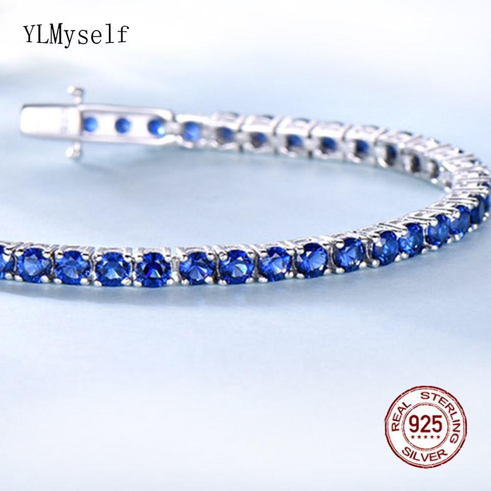 Pulseira pura de prata pura 1520 cm Bracelete de tênis PAVE 3 mm Montana azul semi precioso safira linda jóias 925 para mulheres/homens