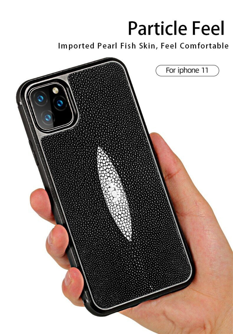Véritable étui mince en cuir véritable Stingray pour iPhone 14 13 Pro Max 12 11 couverture d'armure en peau de poisson poire