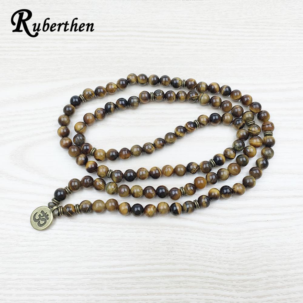 Braccialetti Ruberthen Fashion Tiger Eye 108 Mala Bracciale Om Bracciale buddista o collana Yogi di alta qualità 4 Bracciale in pietra naturale avvolgente