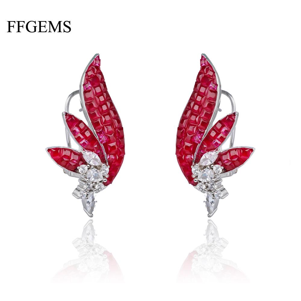 Earrings FFGems New Design 925 Silver Drop Big Earring Flower Created Nano Ruby Emerald Invisible Fine Jewelry Women Wedding Party Gift